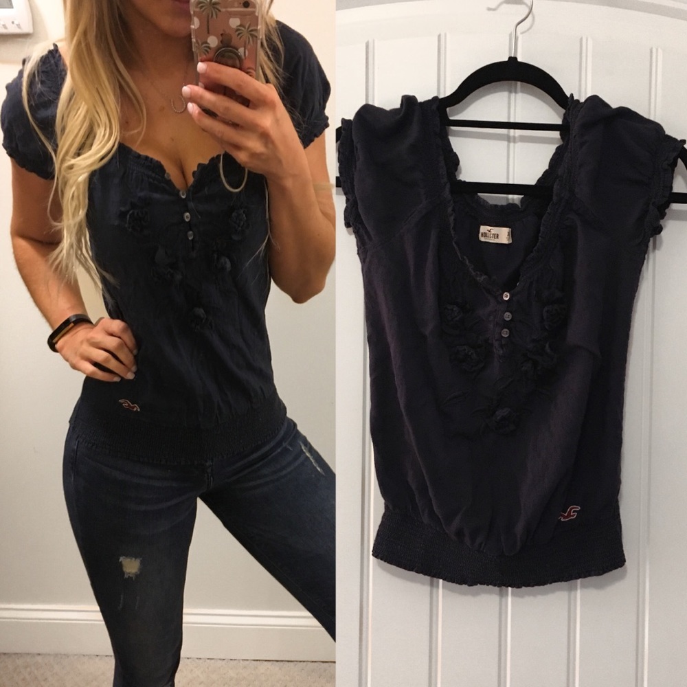 Hollister Navy Button Up Floral Top XS